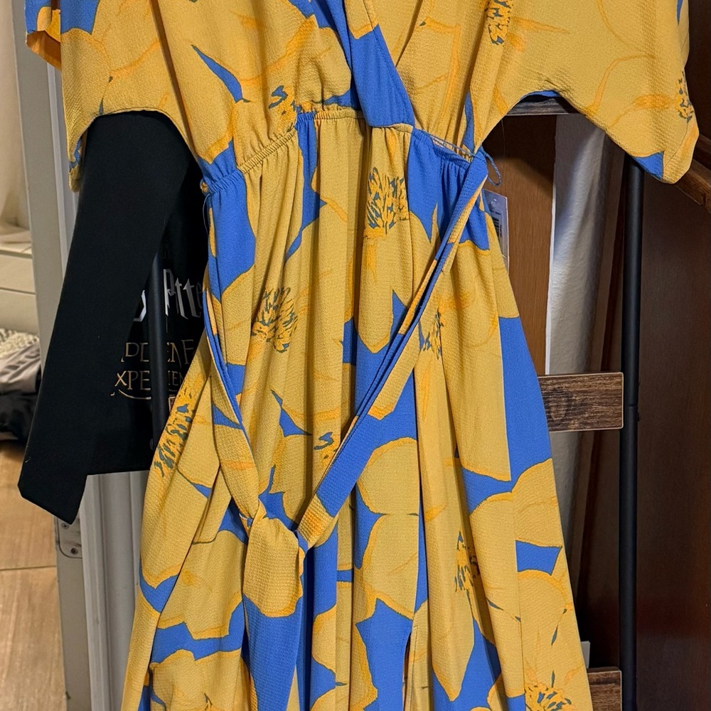 Elegant Yellow and Blue Long Floral Dress